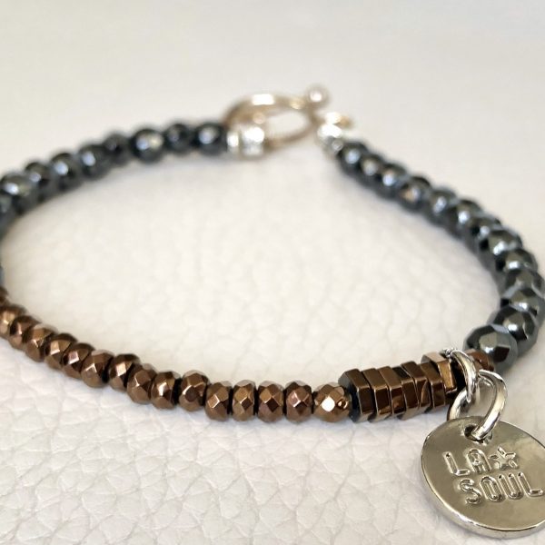 Hématite argent, rondelle cuivre 1 tour