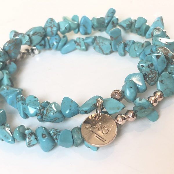 Bracelet double tour, turquoise et hématite