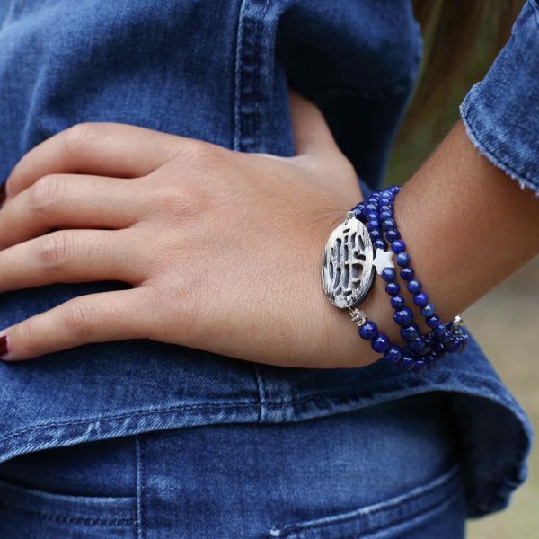 Bracelet Multi Tours Femme – Lapis Lazuli, Étoile en Nacre & Logo en Corne Ciselée
