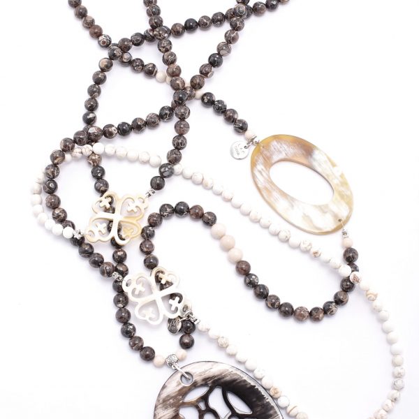 Sautoir 'Turtle' jaspe marron et rivière