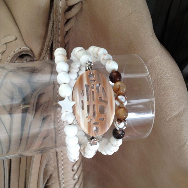 Bracelet Femme Trois Tours – Corne Ciselée, Magnésite Marbrée & Fermoir Argent 925