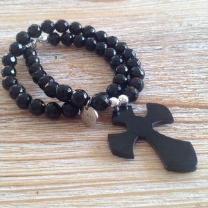 Bracelet double tour onyx croix corne naturelle