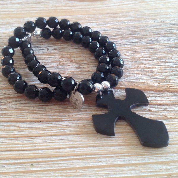 Bracelet double tour onyx croix corne naturelle