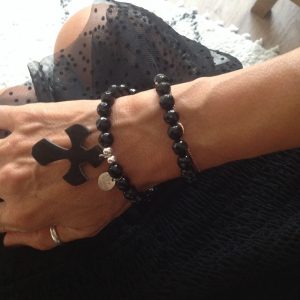 Bracelet double tour onyx croix corne naturelle