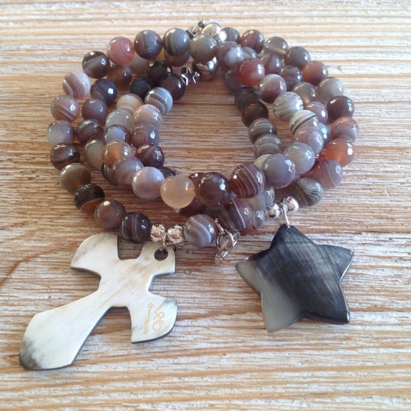 Bracelet double tour onyx croix corne naturelle
