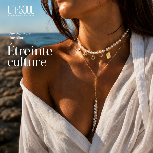 collier etreinte, perles cultures eau douce, chaine plaqué or