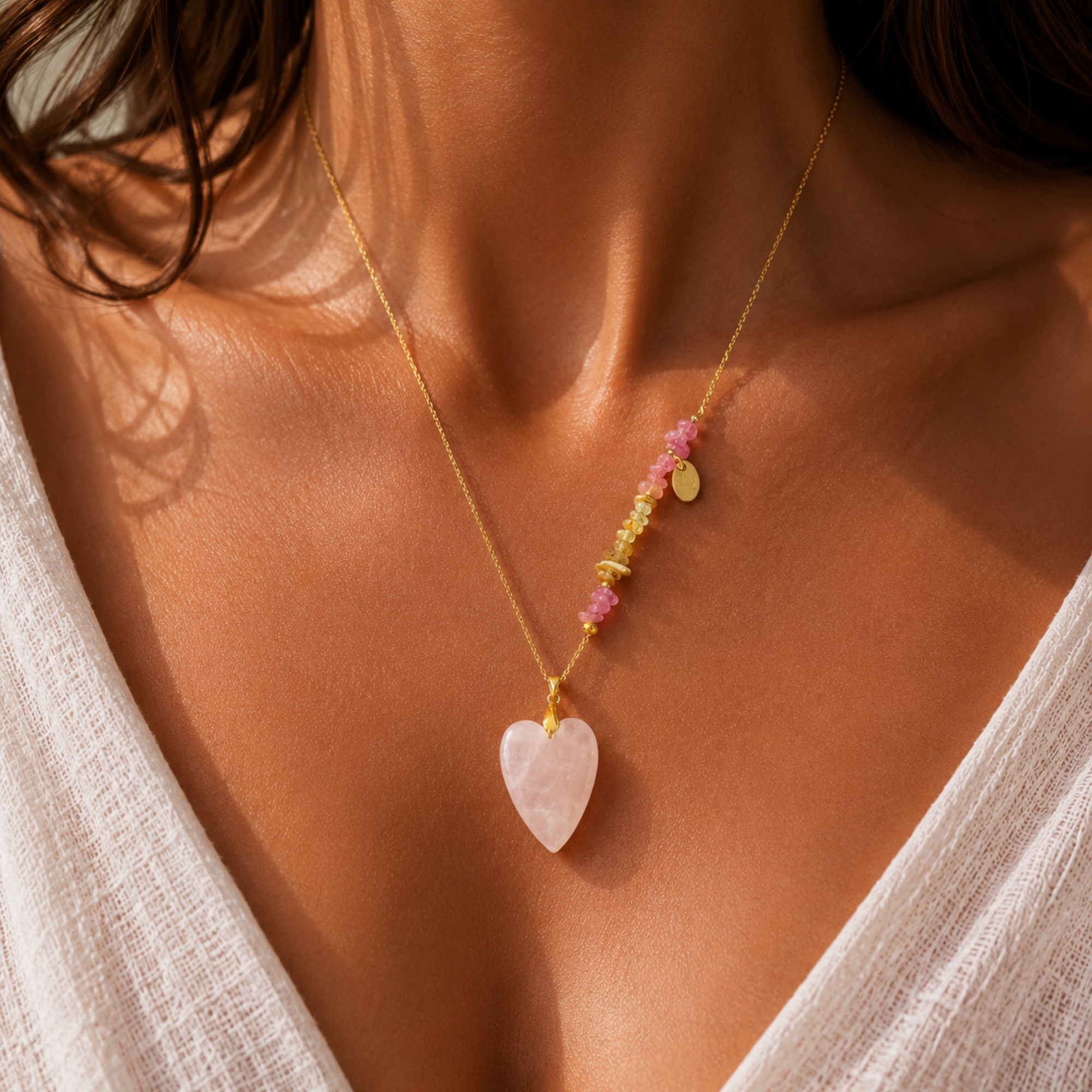Collier Coeur quartz rose tourmailine grenat vert