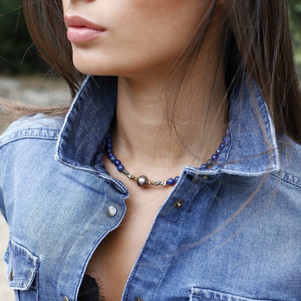 Choker Lapis lazuli, perle grise