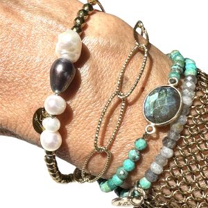 Bracelet Double Tour – Maillons Plaqué Or, Hématites & Perles d’Eau Douce