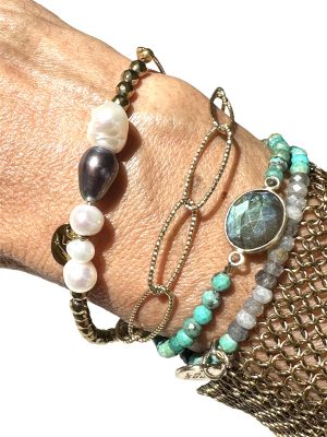Bracelet Double Tour – Maillons Plaqué Or, Hématites & Perles d’Eau Douce