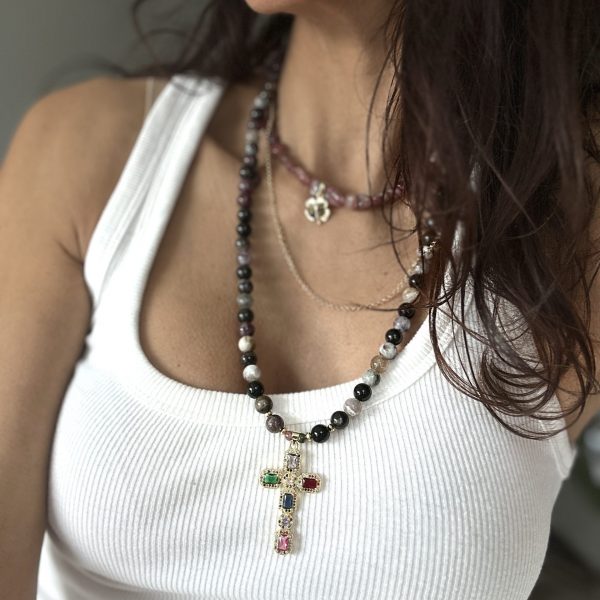 Collier triple Tourmaline et croix pendentif
