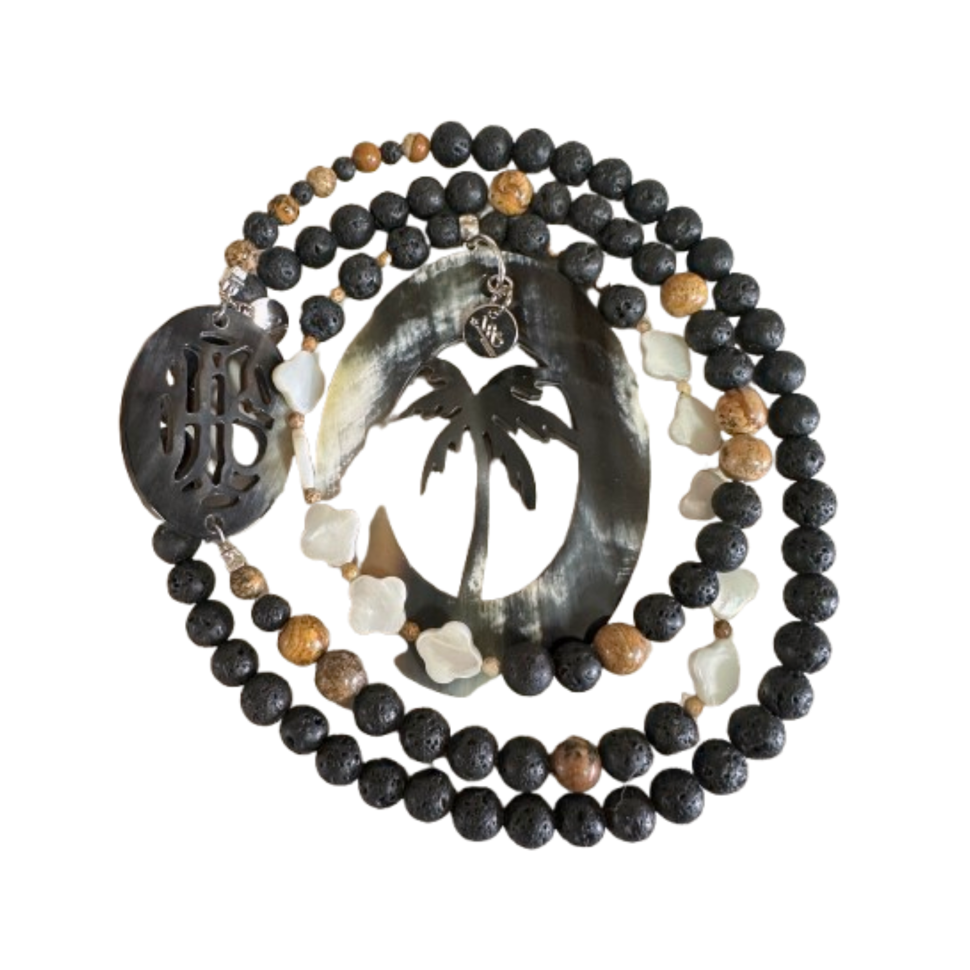 Sautoir en lave, jaspe paysage, trèfle en nacre, corne naturelle