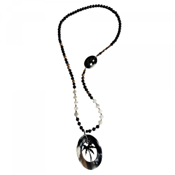 Sautoir Lave, jaspe paysage, trèfle en nacre, corne naturelle