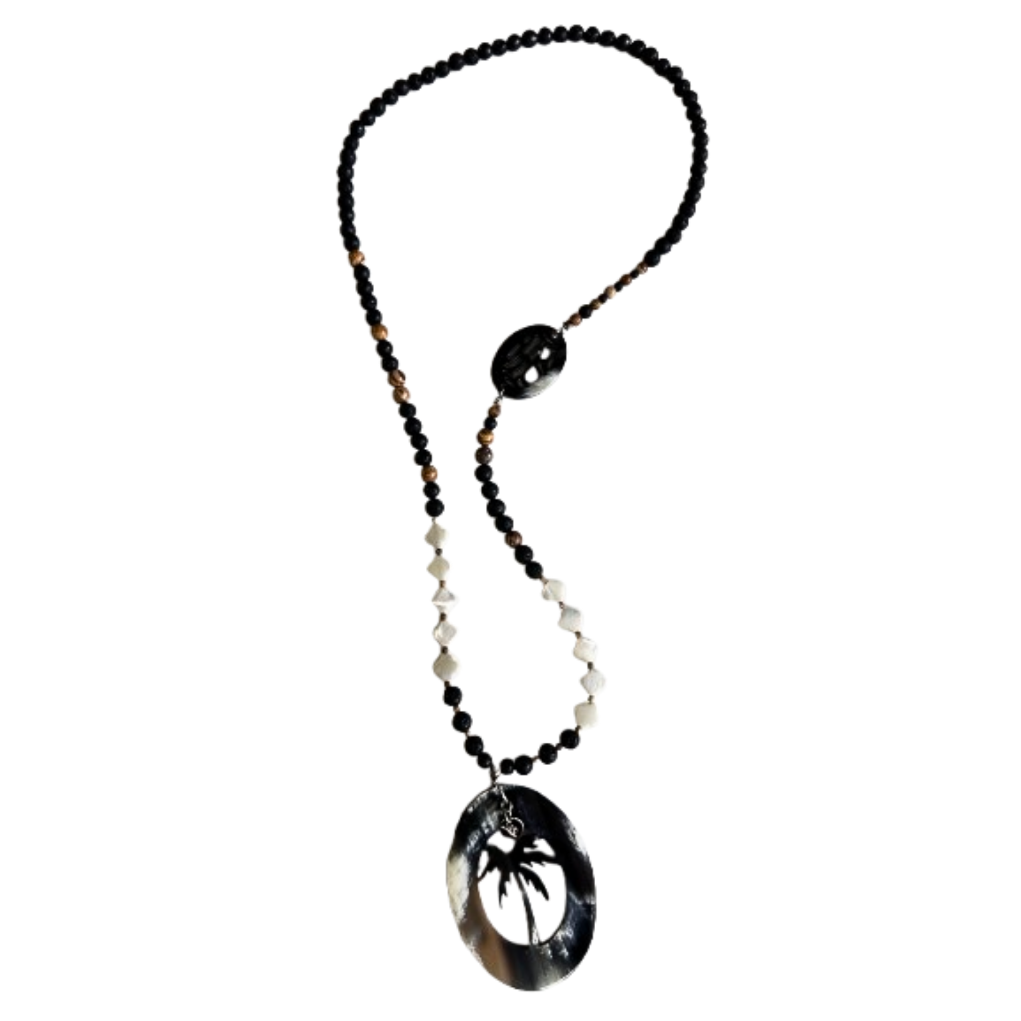 Sautoir Lave, jaspe paysage, trèfle en nacre, corne naturelle