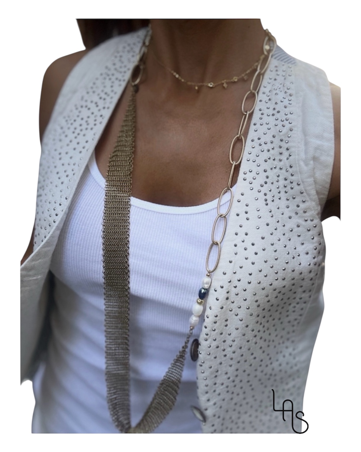 Collier Cotte de mailles, maillons dorée perles de culture