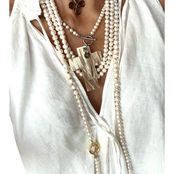 collier double rang perles de culture croix corne naturelle argent 925