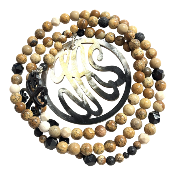 sautoir jaspe, onyx corne naturelle