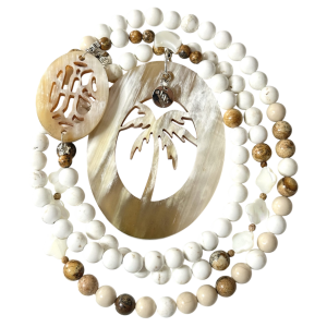 Sautoir magnésite, et jaspe paysage, corne naturelle