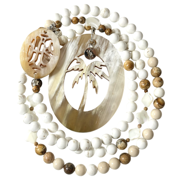 Sautoir magnésite, et jaspe paysage, corne naturelle