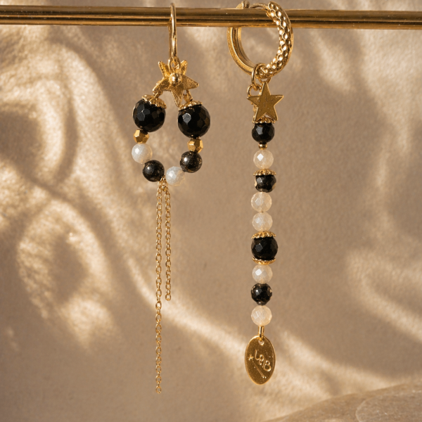 boucles dépareillées, obsidienne, nacre, plaqué or, bijou créateur,