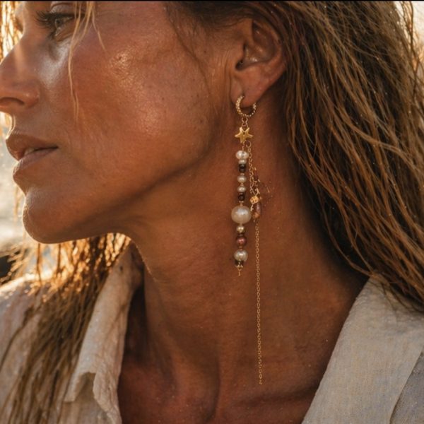 boucles dépareillées, obsidienne, nacre, plaqué or, bijou créateur,