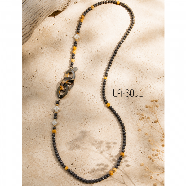 Sautoir Boston, lave jaspe et nacre, maillons en corne naturelle