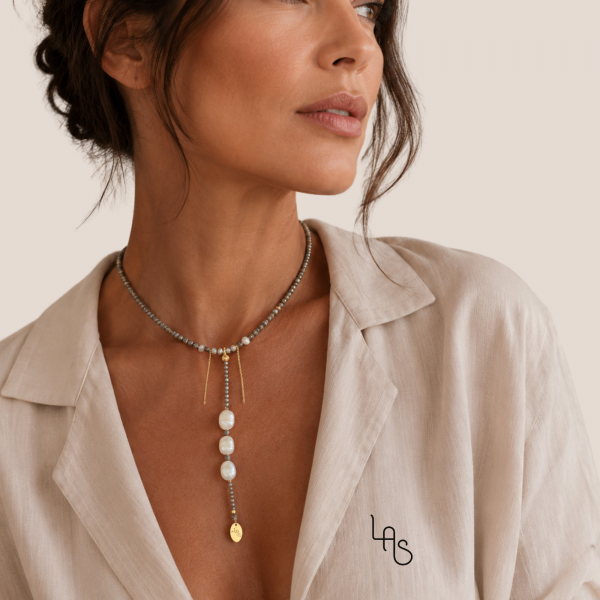 collier Alma, pyrite, perles culture, chaine plaqué or, perles naturelles